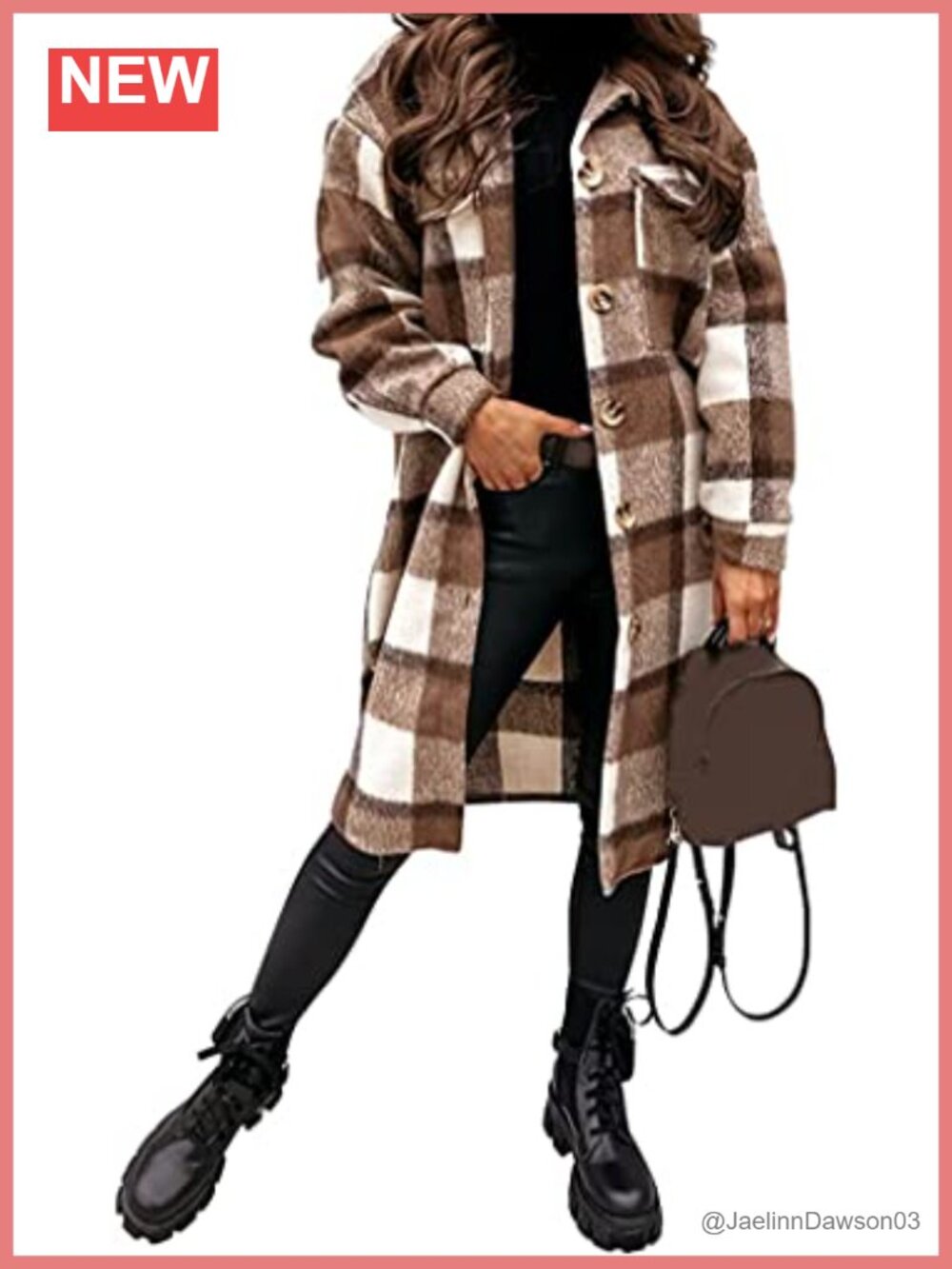 Wool Blend Plaid Shacket Button Down Long Sleeve Jacket with Pockets